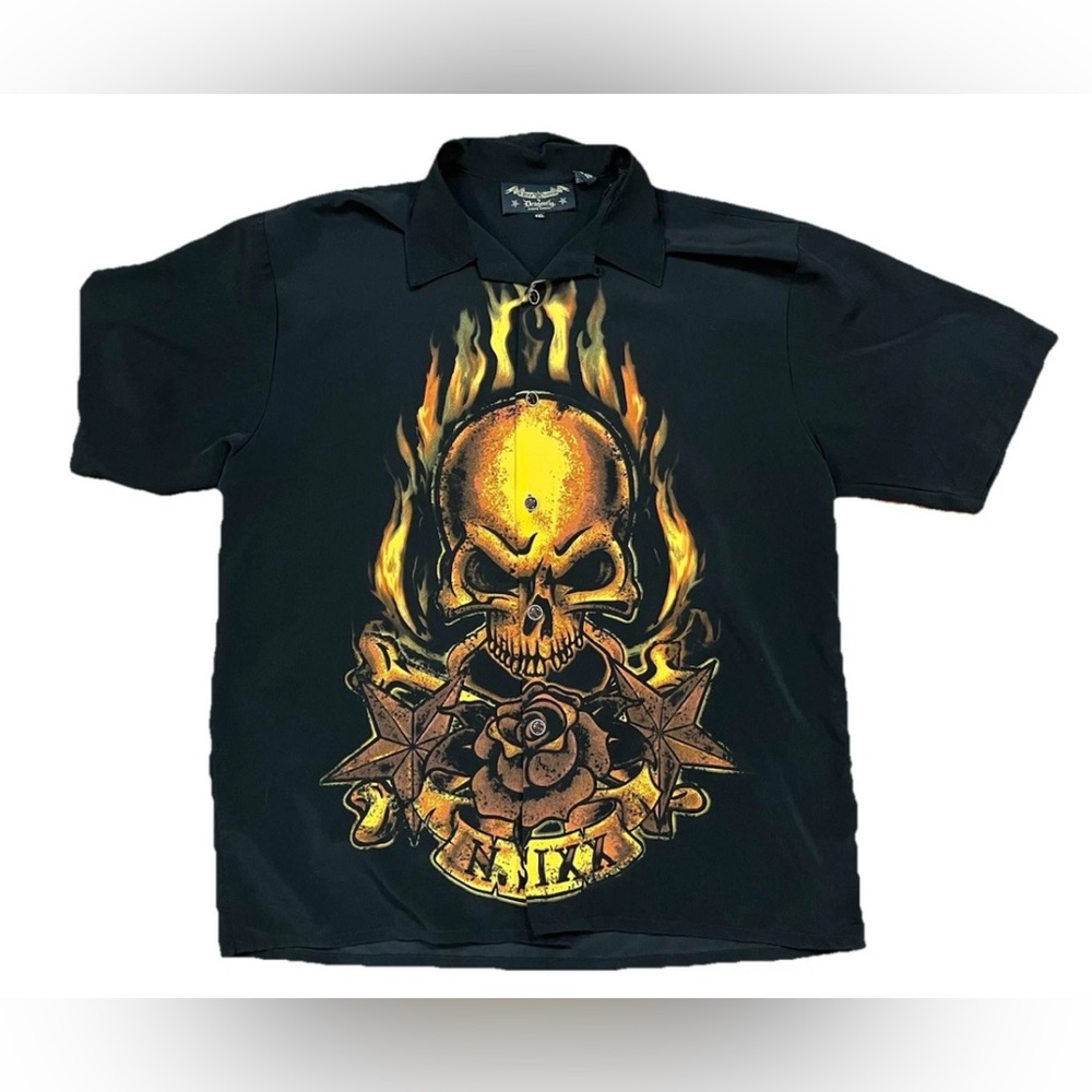 Vintage Dragonfly N. Sixx Skull Flame Button Up Shirt XXL Y2K Grunge Cyber Biker